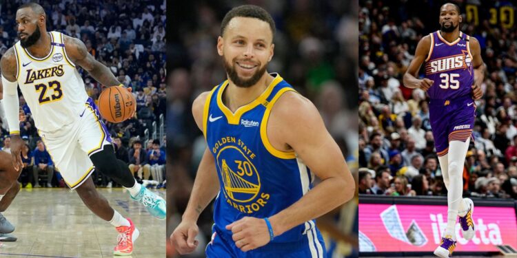 Na imagem à esquerda, LeBron James, do Los Angeles Lakers. Na imagem ao centro, Stephen Curry, do Golden State Warriors. Na imagem à direita, Kevin Durant, do Phoenix Suns
