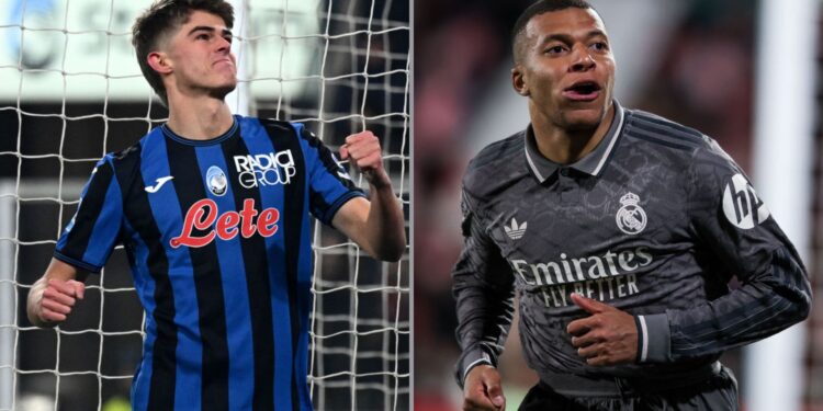 Na imagem à esquerda, Charles de Ketelaere, da Atalanta, comemora gol marcado contra o Milan. Na imagem à direita, Kylian Mbappé, do Real Madrid, comemora gol marcado contra o Girona