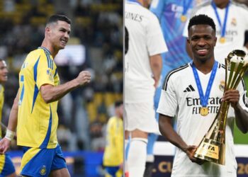 Na imagem à esquerda, Cristiano Ronaldo, do Al-Nassr. Na imagem à direita, Vini Jr., do Real Madrid, posa com a taça da Copa Intercontinental de 2024