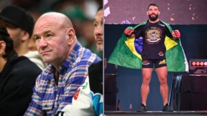 Na imagem à esquerda, Dana White, dono do UFC. Na imagem à direita, Patrício Pitbull, lutador brasileiro de MMA