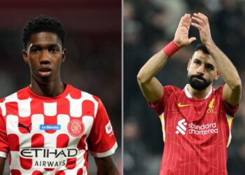 Na imagem à esquerda, Yaser Asprilla, do Girona. Na imagem à direita, Mohamed Salah, do Liverpool