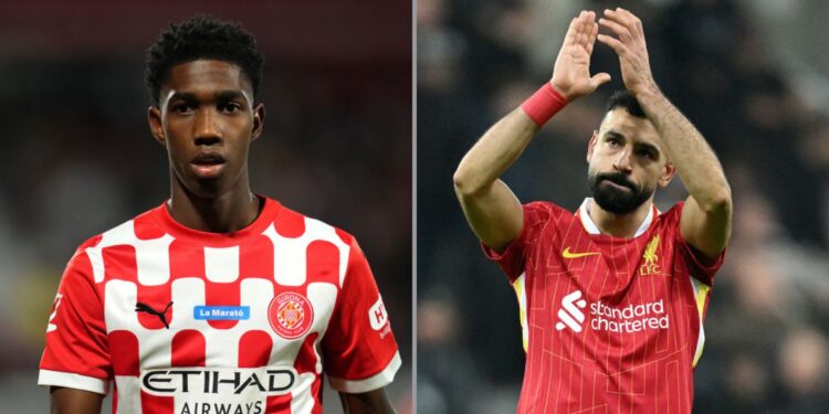 Na imagem à esquerda, Yaser Asprilla, do Girona. Na imagem à direita, Mohamed Salah, do Liverpool