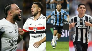 Da esquerda para a direita: Memphis Depay, do Corinthians, Jonathan Calleri, do São Paulo, Martin Braithwaite, do Grêmio e Jefferson Savarino, do Botafogo
