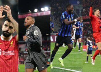 Da esquerda para a direita: Mohamed Salah, do Liverpool, Kylian Mbappé, do Real Madrid, Marcus Thuram, da Inter de Milão, e Leon Goretzka, do Bayern de Munique