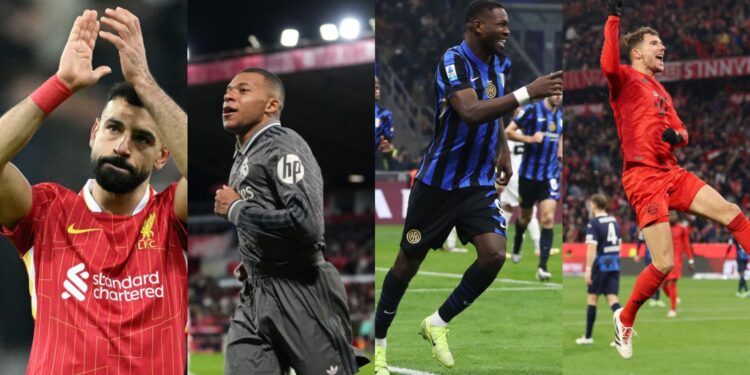 Da esquerda para a direita: Mohamed Salah, do Liverpool, Kylian Mbappé, do Real Madrid, Marcus Thuram, da Inter de Milão, e Leon Goretzka, do Bayern de Munique