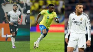 Na imagem à esquerda, Memphis Depay, do Corinthians. Na imagem ao centro, Vini Jr. atuando pela Seleção Brasileira. Na imagem à direita, Kylian Mbappé, do Real Madrid