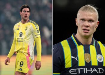 Na imagem à esquerda, Dusan Vlahovic, da Juventus. Na imagem à direita, Erling Haaland, do Manchester City