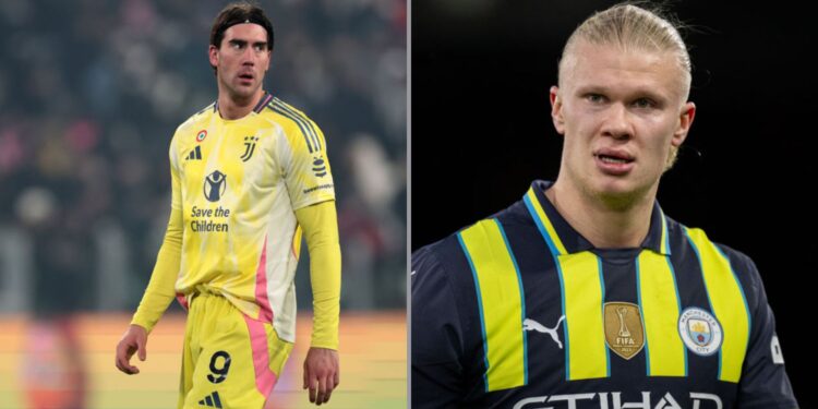 Na imagem à esquerda, Dusan Vlahovic, da Juventus. Na imagem à direita, Erling Haaland, do Manchester City