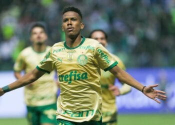 Estêvão, do Palmeiras, comemora gol marcado contra o Criciúma