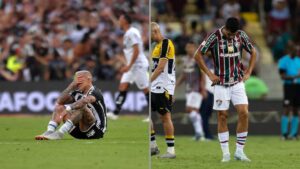 Na imagem à esquerda, Eduardo Vargas, do ATlético-MG, lamenta o vice-campeonato da Libertadores contra o Botafogo. Na imagem à direita, Kevin Serna, do Fluminense, lamenta o empate contra o Criciúma pelo Brasileirão