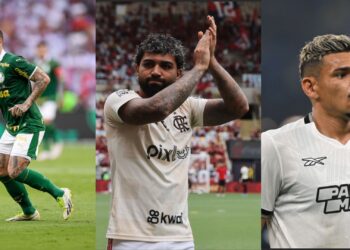 Na imagem à esquerda, Zé Rafael, do Palmeiras. Na imagem ao centro, Gabigol, ex-jogador do Flamengo. Na imagem à direita, Tiquinho Soares, do Botafogo