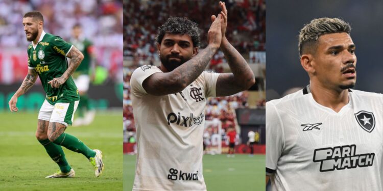 Na imagem à esquerda, Zé Rafael, do Palmeiras. Na imagem ao centro, Gabigol, ex-jogador do Flamengo. Na imagem à direita, Tiquinho Soares, do Botafogo