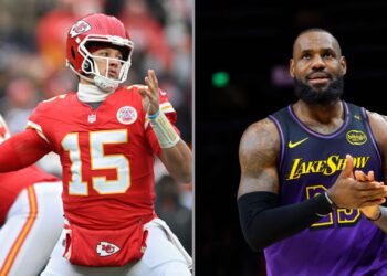 Na imagem à esquerda, Patrick Mahomes, quarterback do Kansas City Chiefs. Na imagem à direita, LeBron James, jogador do Los Angeles Lakers