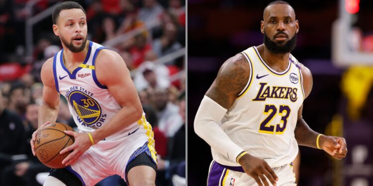 Na imagem à esquerda, Stephen Curry, do Golden State Warriors. Na imagem à direita, LeBron James, do Los Angeles Lakers