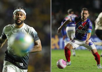 Na imagem à esquerda, Memphis Depay, do Corinthians. Na imagem à direita, Everton Ribeiro, do Bahia