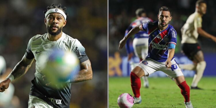 Na imagem à esquerda, Memphis Depay, do Corinthians. Na imagem à direita, Everton Ribeiro, do Bahia