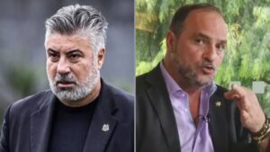 Na imagem à esquerda, Alexandre Gallo, executivo de futebol do Santos. Na imagem à direita, Romeu Tuma Jr., presidente do Conselho do Corinthians
