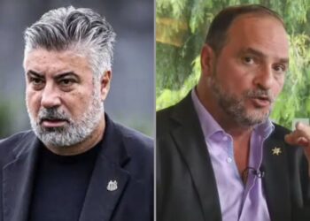 Na imagem à esquerda, Alexandre Gallo, executivo de futebol do Santos. Na imagem à direita, Romeu Tuma Jr., presidente do Conselho do Corinthians
