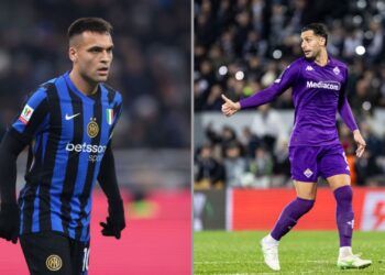Na imagem à esquerda, Lautaro Martínez, da Inter de Milão. Na imagem à direita, Rolando Mandragora, da Fiorentina