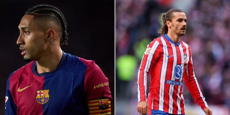 Na imagem à esquerda, Raphinha, do Barcelona. Na imagem à direita, Antoine Griezmann, do Atlético de Madrid