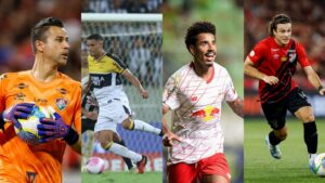 Fábio, do Fluminense, Meritão, do Criciúma, Lucas Evangelista, do RB Bragantino, e Canobbio, do Athletico-PR