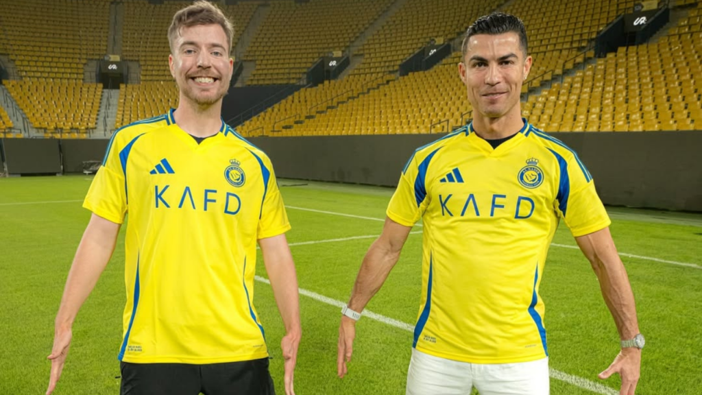 Cristiano Ronaldo e Mr. Beast durante o desafio proposto no Youtube. Fonte: @mrbeast