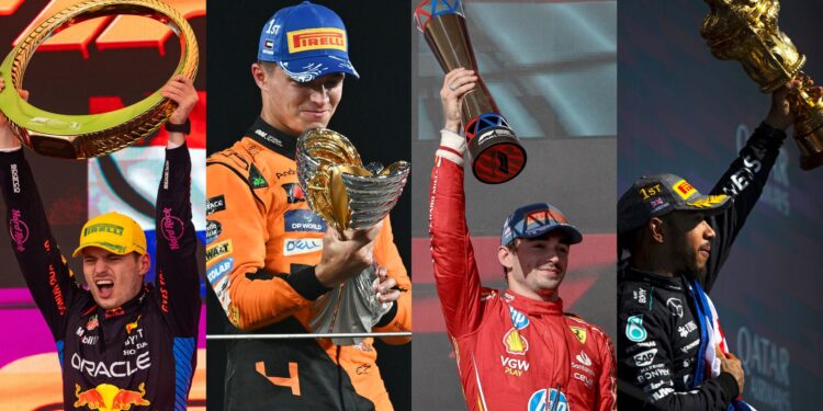 Max Verstappen, Lando Norris, Charles Leclerc e Lewis Hamilton, quatro dos vencedores de provas da Fórmula 1 em 2024