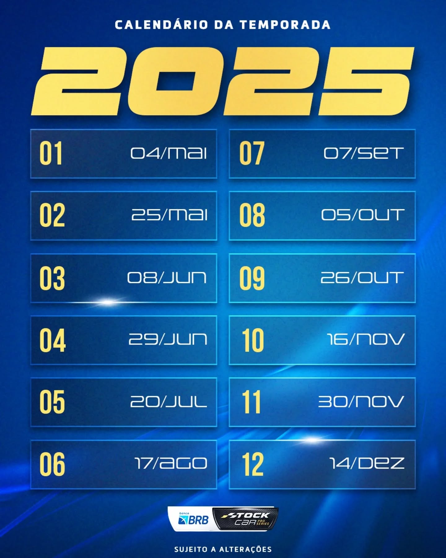 Datas para as corridas da Stock Car de 2025 - Fonte: @stock_car