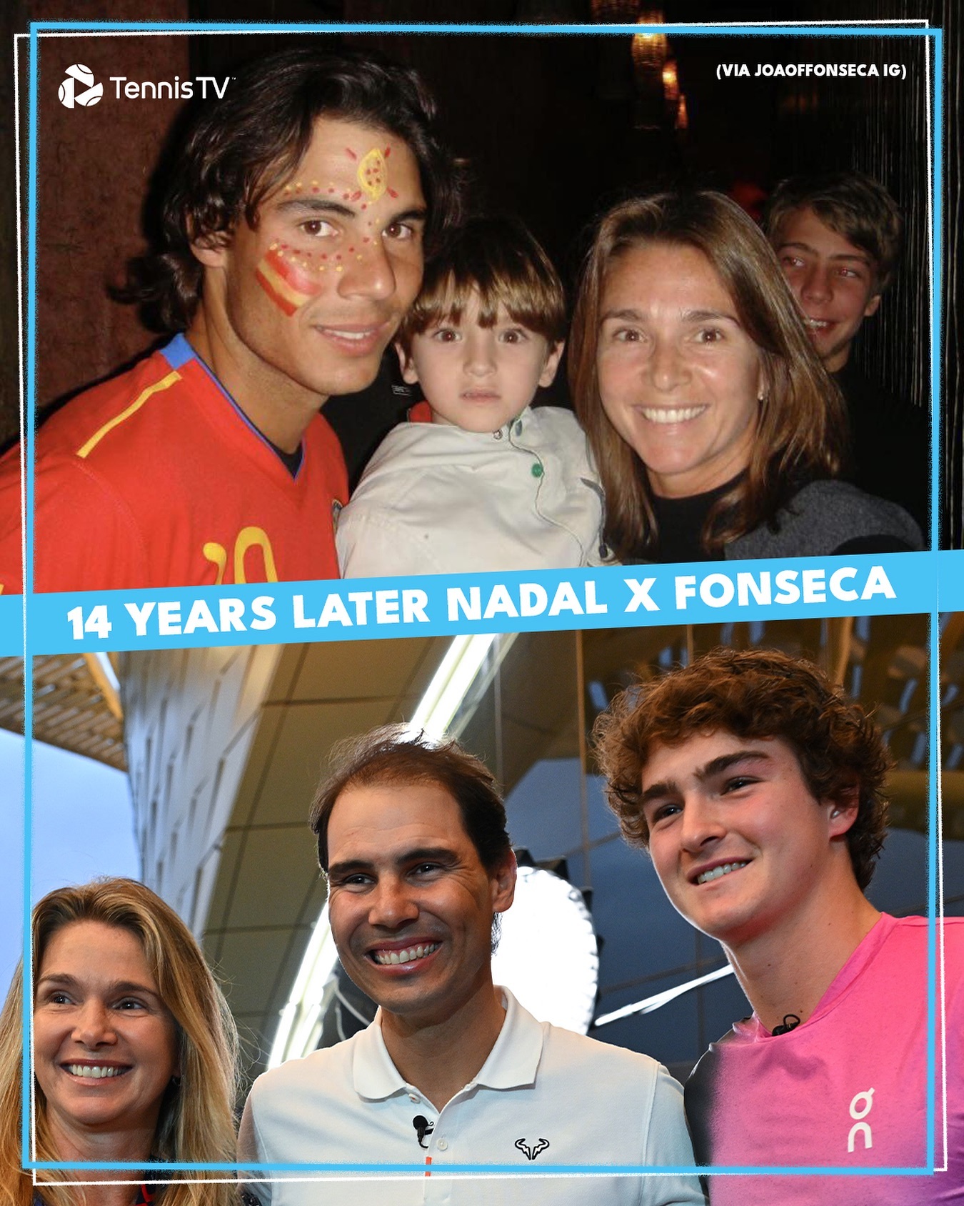 Foto de João Fonseca com Rafael Nadal após 14 anos - Fonte: @tennistv