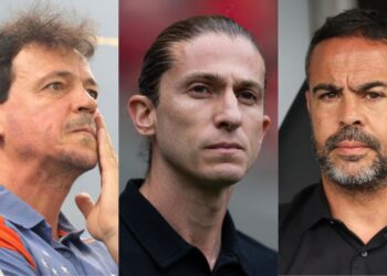 Técnicos da Série A, Fernando Diniz, Filipe Luis e Artur Jorge lado a lado em montagem