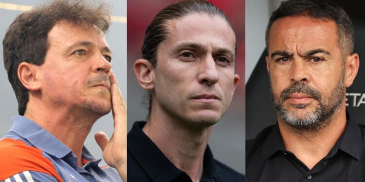 Técnicos da Série A, Fernando Diniz, Filipe Luis e Artur Jorge lado a lado em montagem