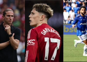 Na imagem à esquerda, Filipe Luís, treinador do Flamengo. Na imagem central, Alejandro Garnacho, do Manchester United. Na imagem à direita, Gabigol, do Cruzeiro
