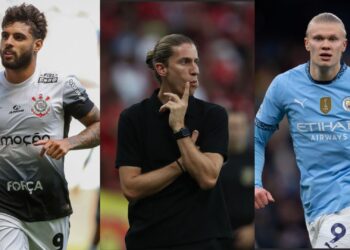 Na imagem à esquerda, Yuri Alberto, atacante do Corinthians. Na imagem central, Filipe Luís, treinador do Flamengo. Na imagem à direita, Erling Haaland, atacante do Manchester City