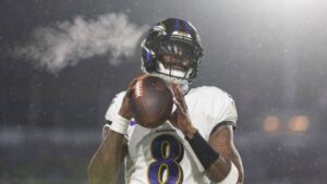 Lamar Jackson, quarterback do Baltimore Ravens, durante jogo contra o Buffalo Bills