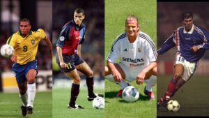 Da esquerda para a direita: Ronaldo atuando pela Seleção Brasileira, Rivaldo atuando pelo Barcelona, David Backham atuando pelo Real Madrid e Zinedine Zidane atuando pela Seleção Francesa