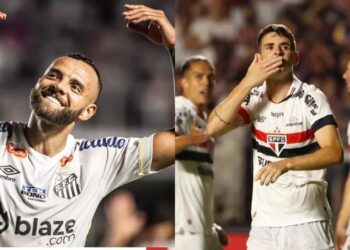 Na imagem à esquerda, Guilherme, do Santos. Na imagem à direita, Oscar, do São Paulo
