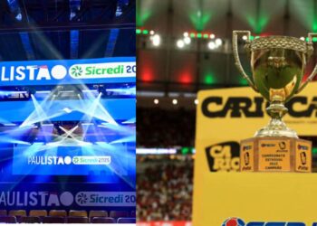 Na imagem à esquerda, palco do sorteio do Paulistão 2025. Na imagem à direita, foto do troféu e da bola da final do Campeonato Carioca