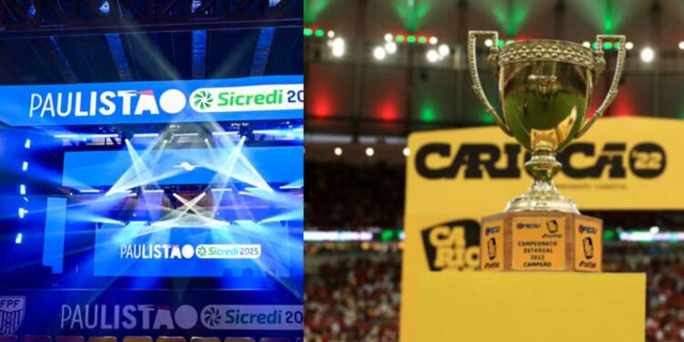 Na imagem à esquerda, palco do sorteio do Paulistão 2025. Na imagem à direita, foto do troféu e da bola da final do Campeonato Carioca
