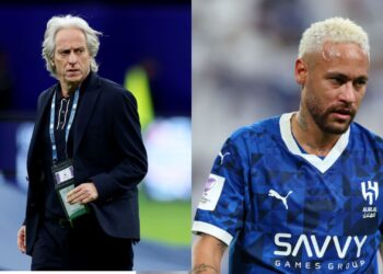 Na imagem à esquerda, Jorge Jesus, treinador do Al-Hilal. Na imagem à direita, Neymar, jogador do Al-Hilal