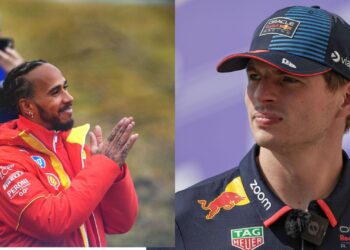 Na imagem à esquerda, Lewis Hamilton, piloto da Ferrari. Na imagem à direita, Max Verstappen, piloto do Red Bull