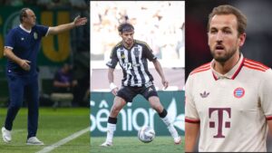 Na imagem à esquerda, Rogério Ceni, treinador do Bahia. Na imagem central, Gustavo Scarpa, do Atlético-MG. Na imagem à direita, Harry Kane, do Bayern de Munique