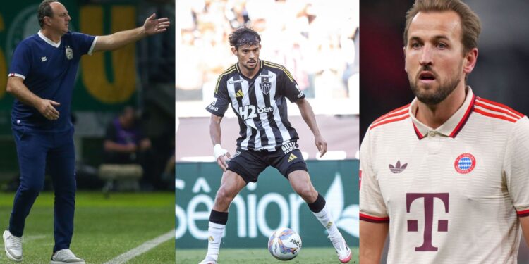 Na imagem à esquerda, Rogério Ceni, treinador do Bahia. Na imagem central, Gustavo Scarpa, do Atlético-MG. Na imagem à direita, Harry Kane, do Bayern de Munique