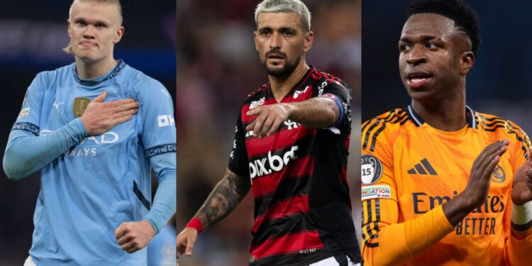 Na imagem à esquerda, Erling Haaland, do Manchester City. Na imagem central, Arrascaeta, do Flamengo. Na imagem à direita, Vini Jr. do Real Madrid