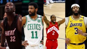 Da esquerda para a direita: Shaquiile O'Neal jogando pelo Miami Heat, Kyrie Irving jogando pelo Boston Celtics, Kawhi Leonard jogando pelo Toronto Raptors e Anthony Davis jogando pelo Los Angeles Lakers