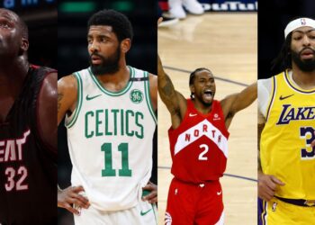 Da esquerda para a direita: Shaquiile O'Neal jogando pelo Miami Heat, Kyrie Irving jogando pelo Boston Celtics, Kawhi Leonard jogando pelo Toronto Raptors e Anthony Davis jogando pelo Los Angeles Lakers