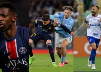 Na imagem à esquerda, Ousmane Dembelé, do PSG. Na imagem central, Valverde, do Real Madrid, e Grealish, do Manchester City, disputam a posse de bola. Na imagem à direita, Moisés, do Fortaleza