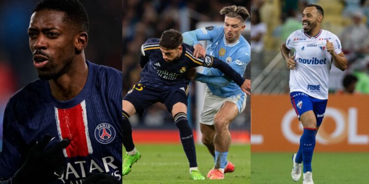 Na imagem à esquerda, Ousmane Dembelé, do PSG. Na imagem central, Valverde, do Real Madrid, e Grealish, do Manchester City, disputam a posse de bola. Na imagem à direita, Moisés, do Fortaleza