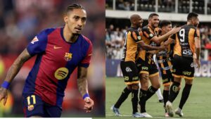 Na imagem à esquerda, Raphinha, do Barcelona. Na imagem à direita, jogadores do Novorizontino