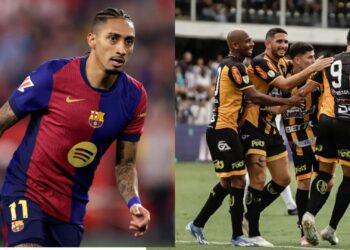 Na imagem à esquerda, Raphinha, do Barcelona. Na imagem à direita, jogadores do Novorizontino