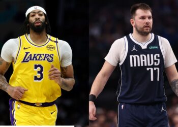 Na imagem à esquerda, Anthony Davis, novo jogador do Dallas Mavericks. Na imagem à direita, Luka Doncic, novo jogador do Los Angeles Lakers